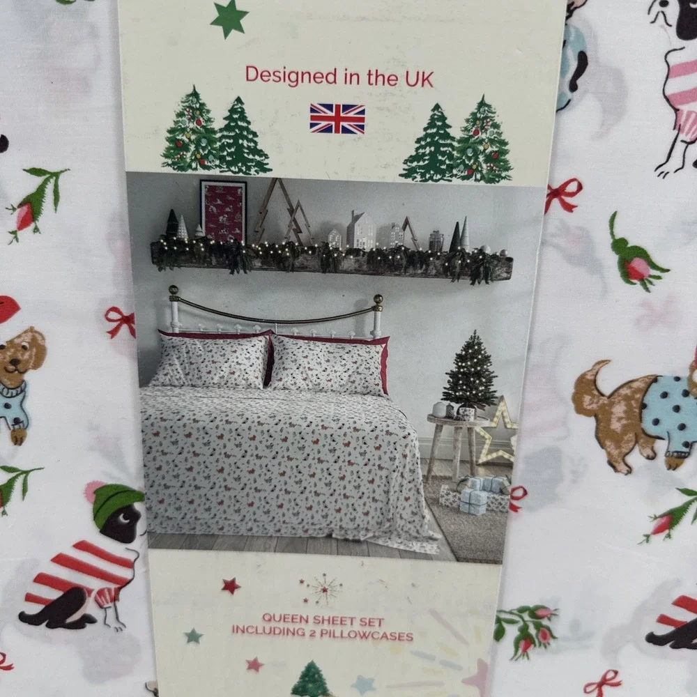 Cath Kidston London 4pc QUEEN Cotton Christmas ~ PUPPY LOVE PINK ~ Sheet Set NIP